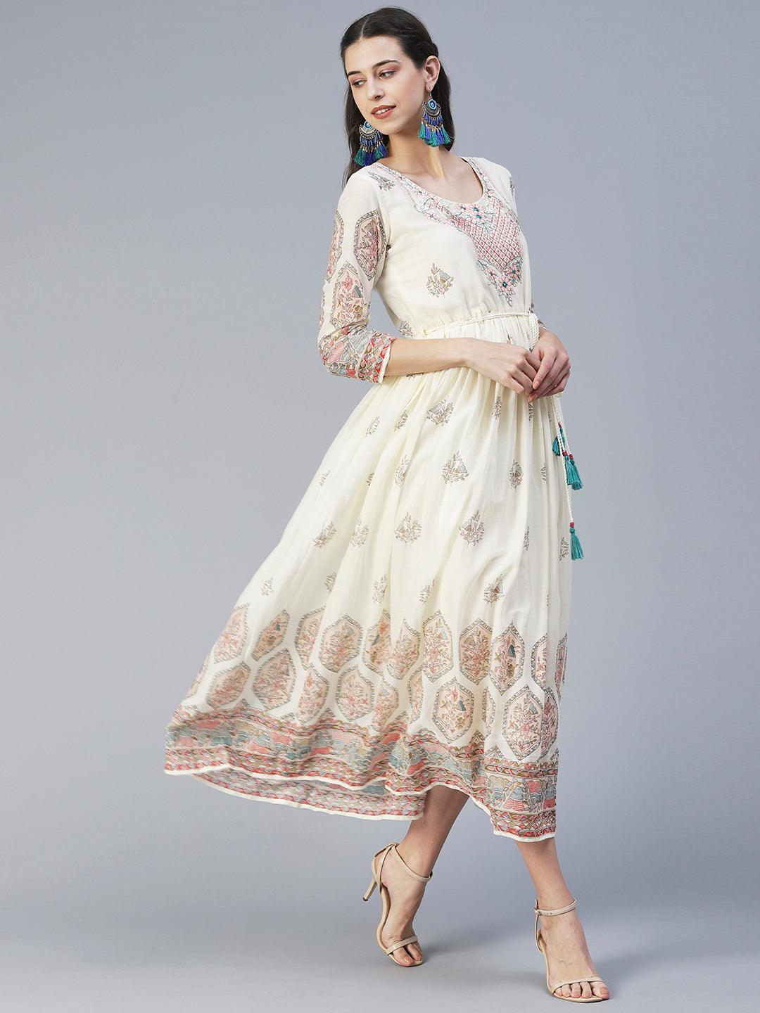 Floral Printed & Embroidered Fit & Flare Maxi Dress - Off White - Indiakreations