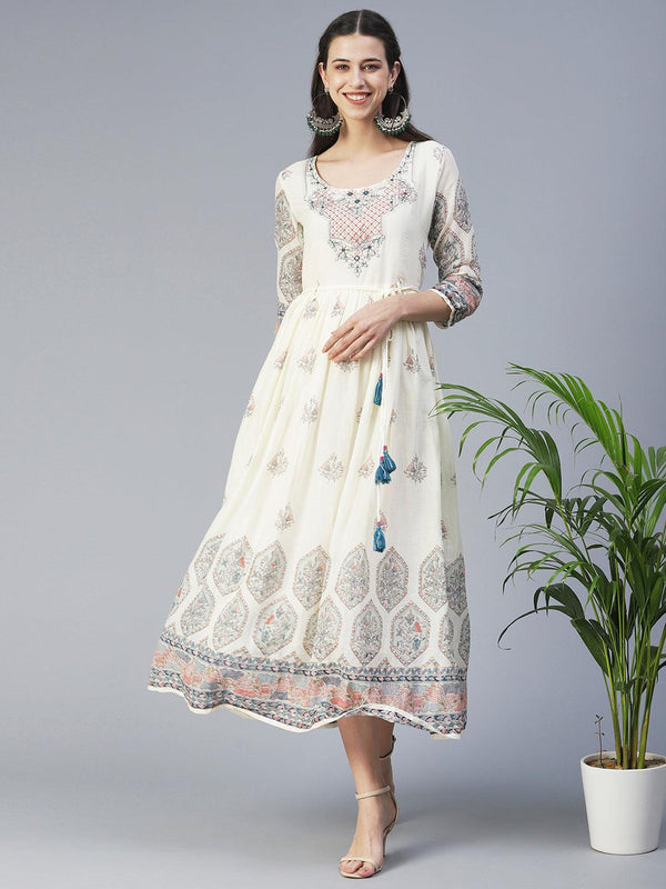 Floral Printed & Embroidered Fit & Flare Maxi Dress - Off White - Indiakreations