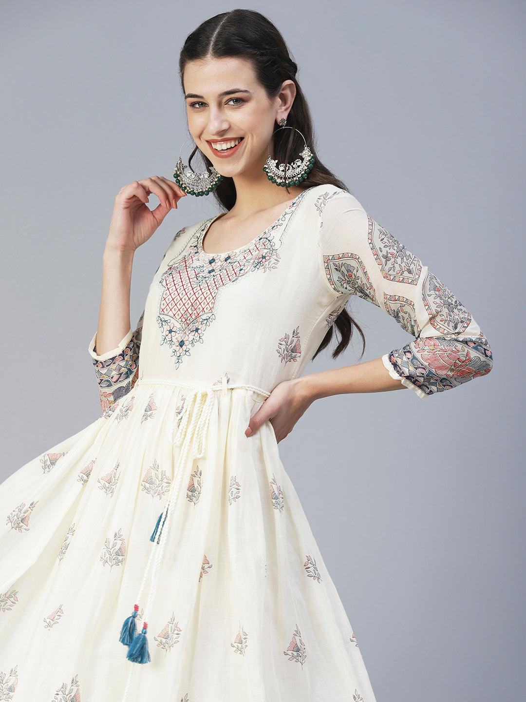 Floral Printed & Embroidered Fit & Flare Maxi Dress - Off White - Indiakreations