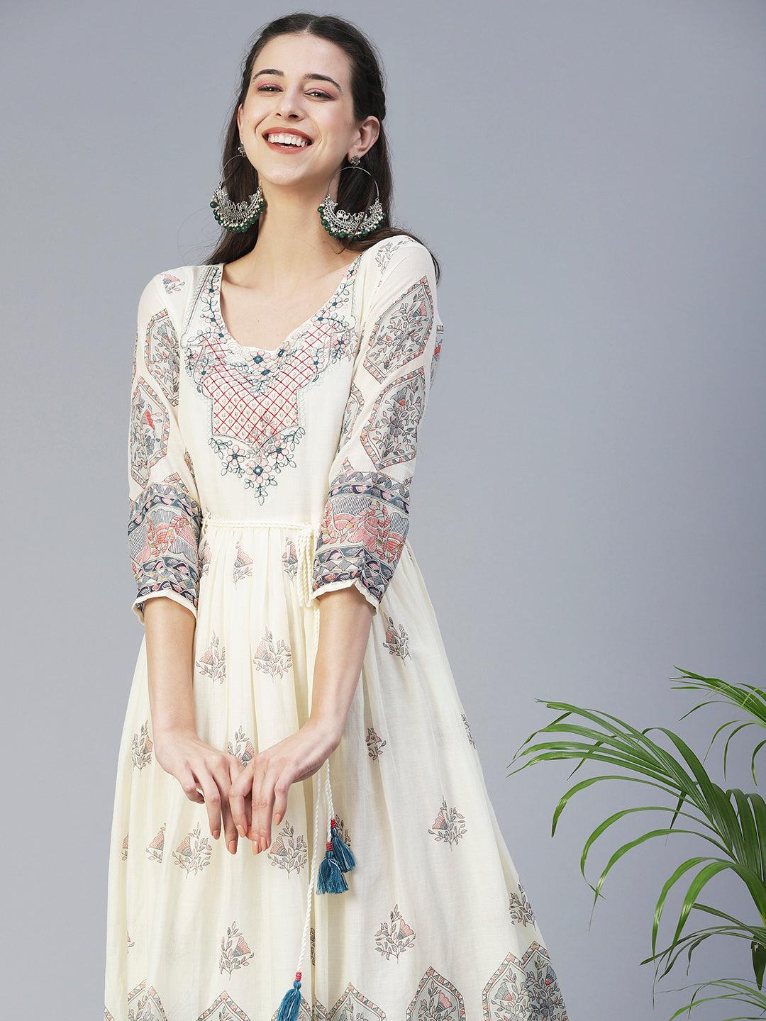 Floral Printed & Embroidered Fit & Flare Maxi Dress - Off White - Indiakreations