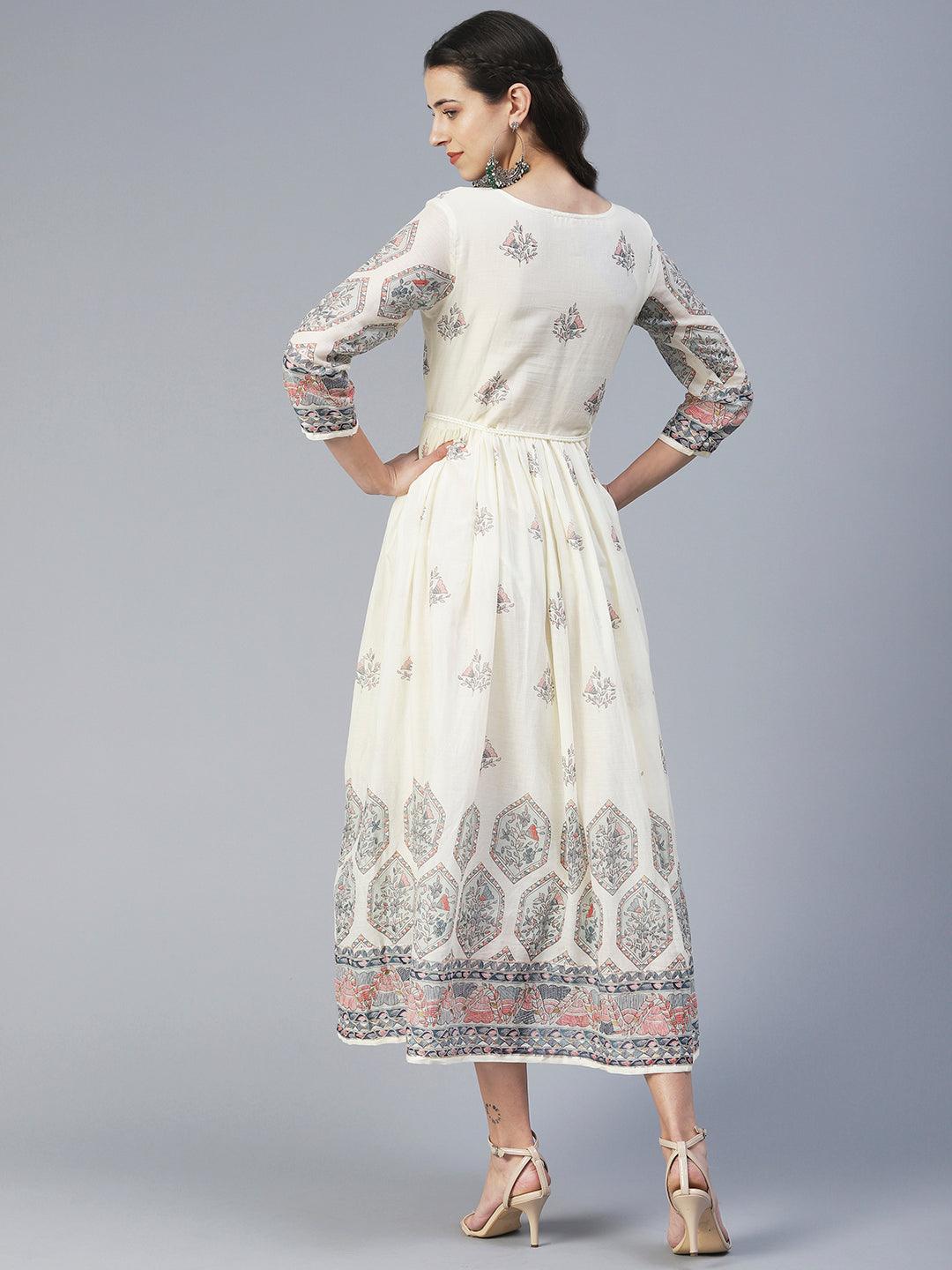 Floral Printed & Embroidered Fit & Flare Maxi Dress - Off White - Indiakreations