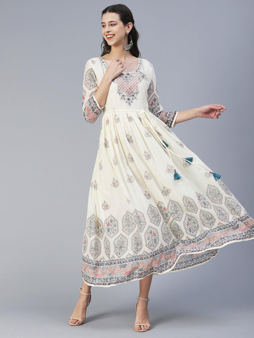 Floral Printed & Embroidered Fit & Flare Maxi Dress - Off White - Indiakreations