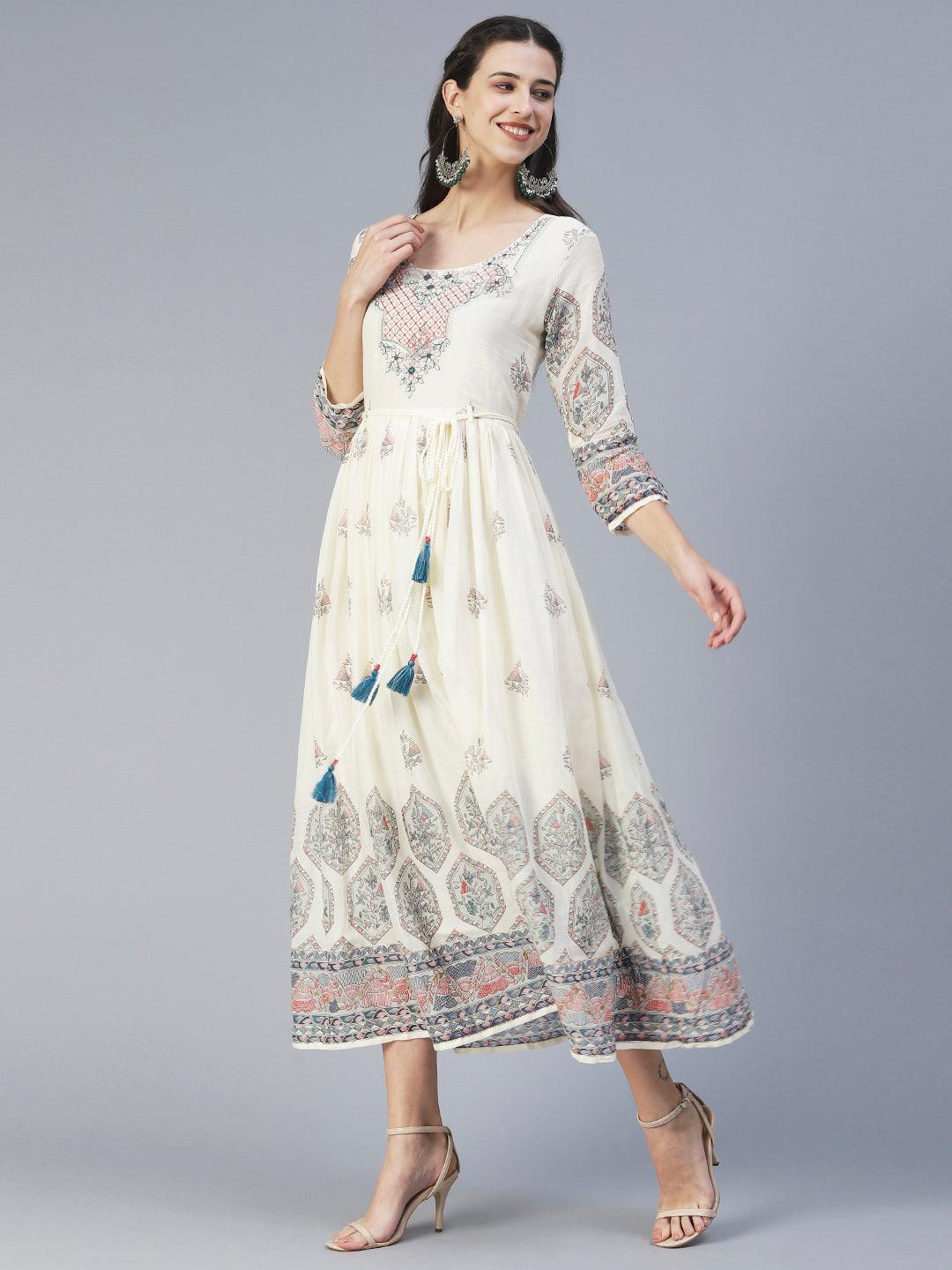 Floral Printed & Embroidered Fit & Flare Maxi Dress - Off White - Indiakreations