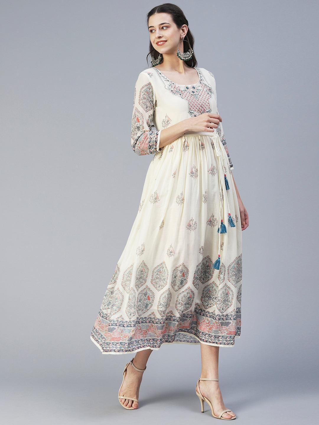 Floral Printed & Embroidered Fit & Flare Maxi Dress - Off White - Indiakreations