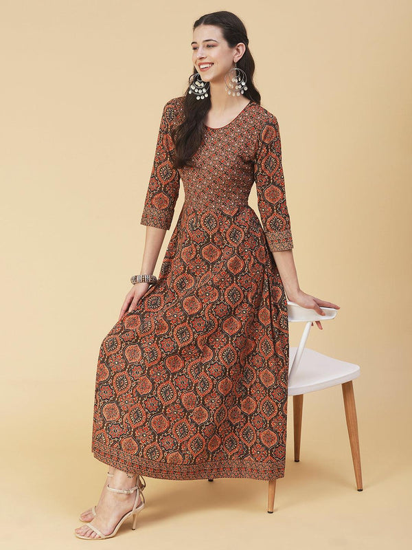 Ethnic Printed & Embroidered Fit & Flare Maxi Dress - Brown - Indiakreations