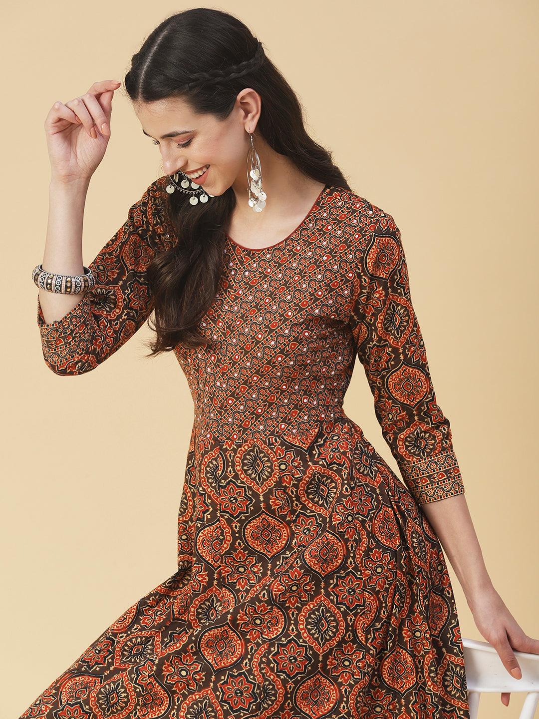 Ethnic Printed & Embroidered Fit & Flare Maxi Dress - Brown - Indiakreations