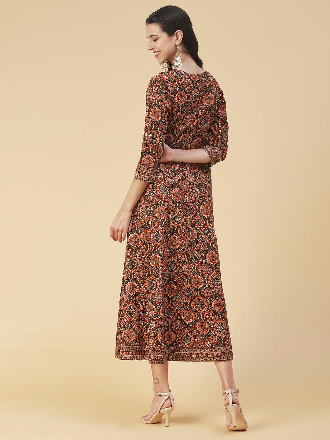 Ethnic Printed & Embroidered Fit & Flare Maxi Dress - Brown - Indiakreations