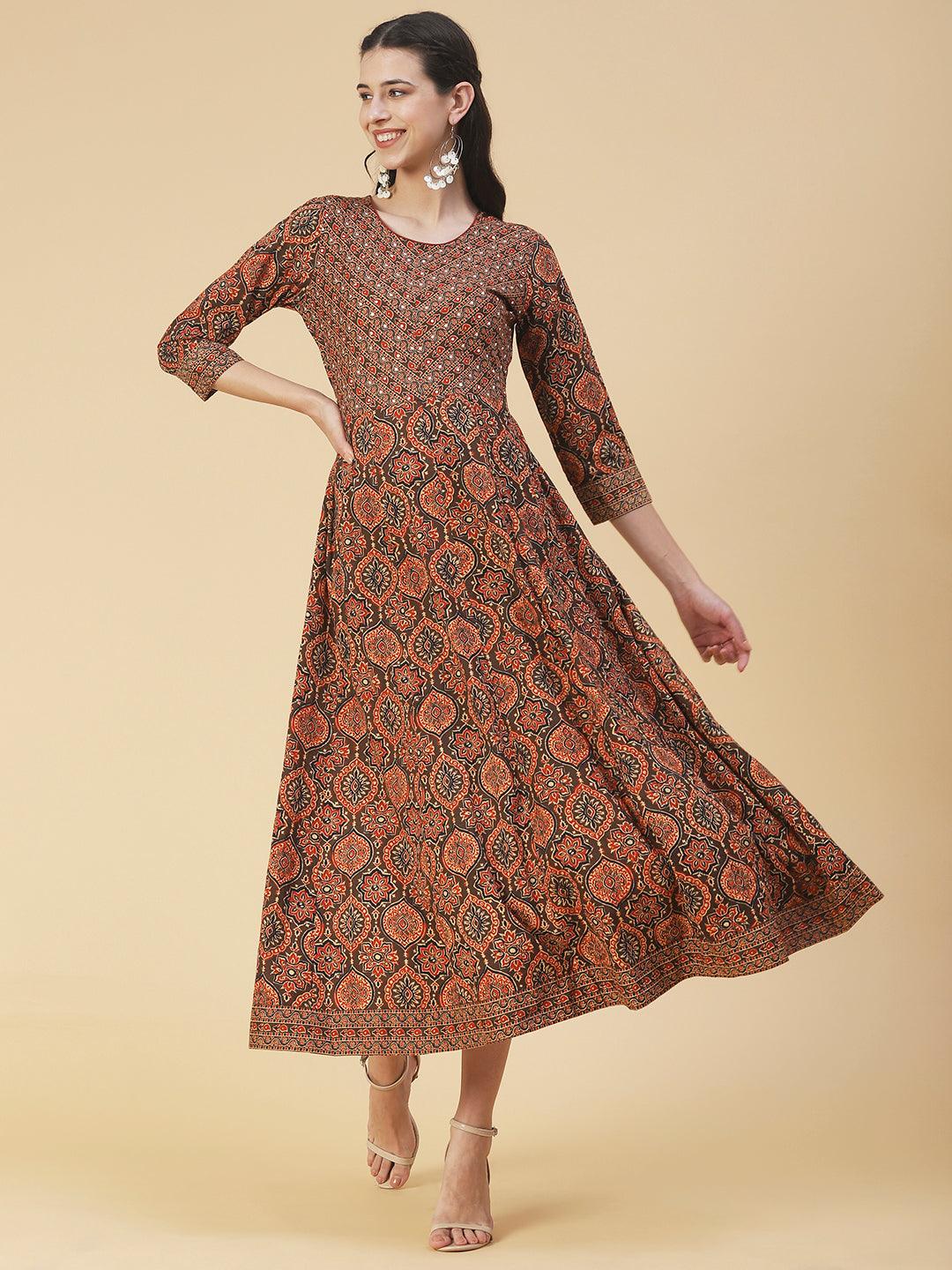 Ethnic Printed & Embroidered Fit & Flare Maxi Dress - Brown - Indiakreations