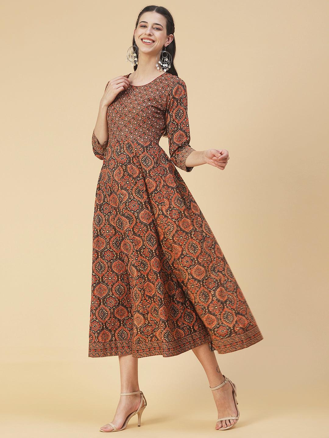 Ethnic Printed & Embroidered Fit & Flare Maxi Dress - Brown - Indiakreations