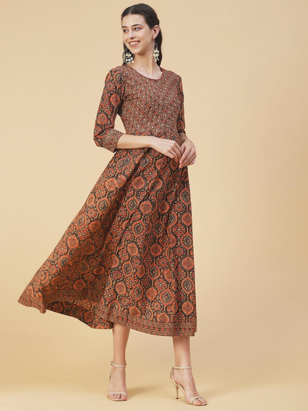 Ethnic Printed & Embroidered Fit & Flare Maxi Dress - Brown - Indiakreations