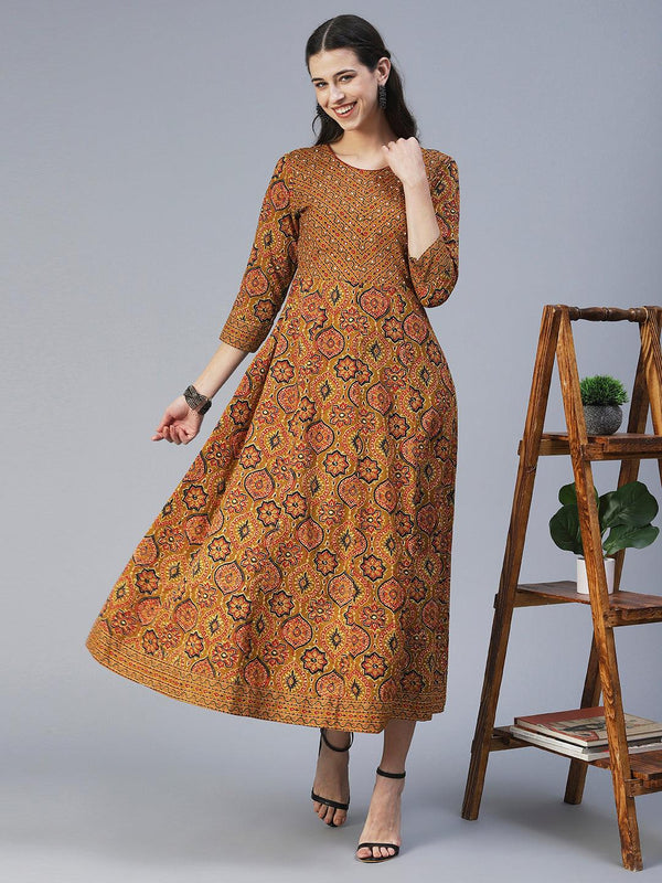 Ethnic Printed & Embroidered Fit & Flare Maxi Dress - Mustard - Indiakreations