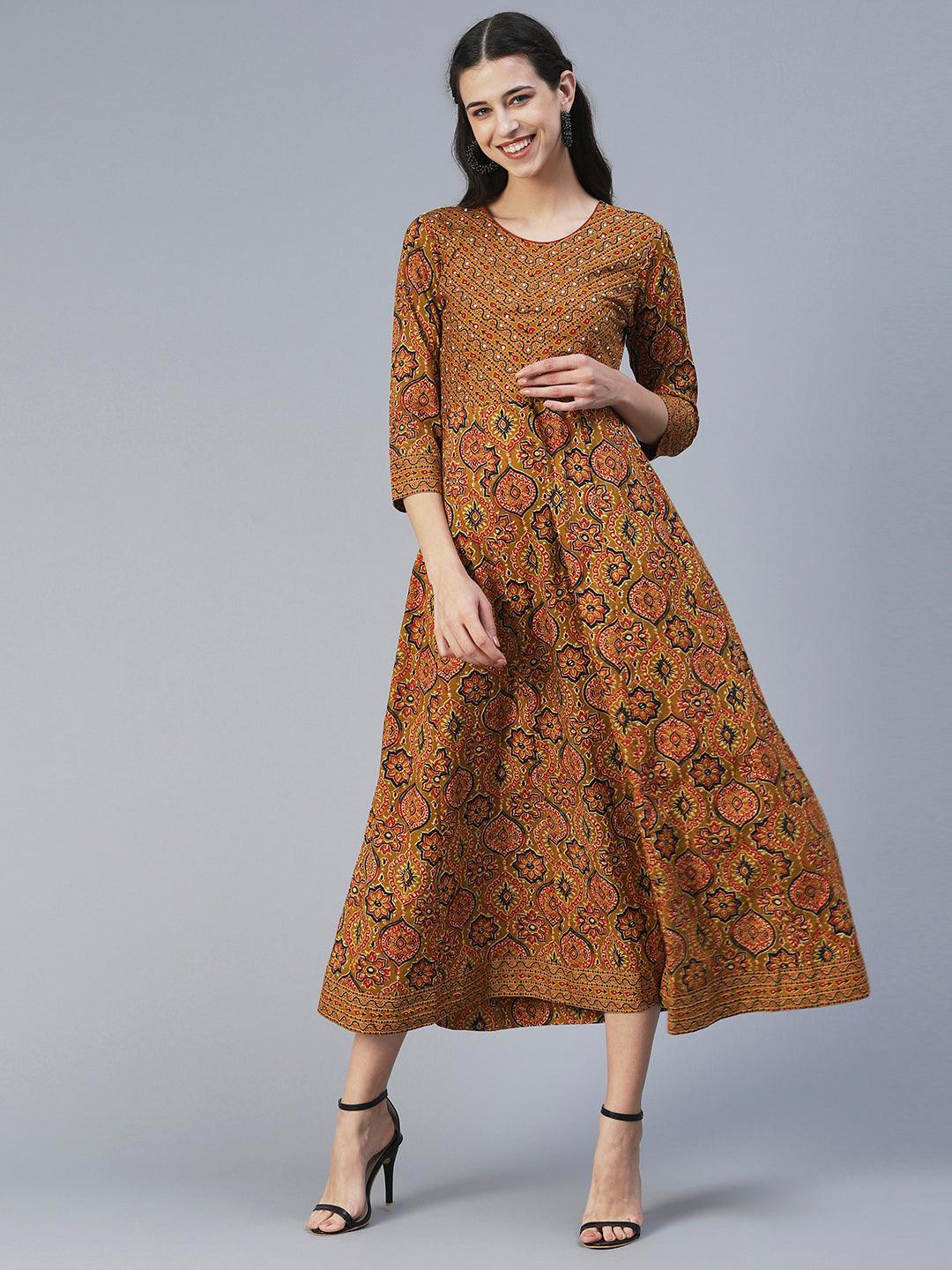 Ethnic Printed & Embroidered Fit & Flare Maxi Dress - Mustard - Indiakreations