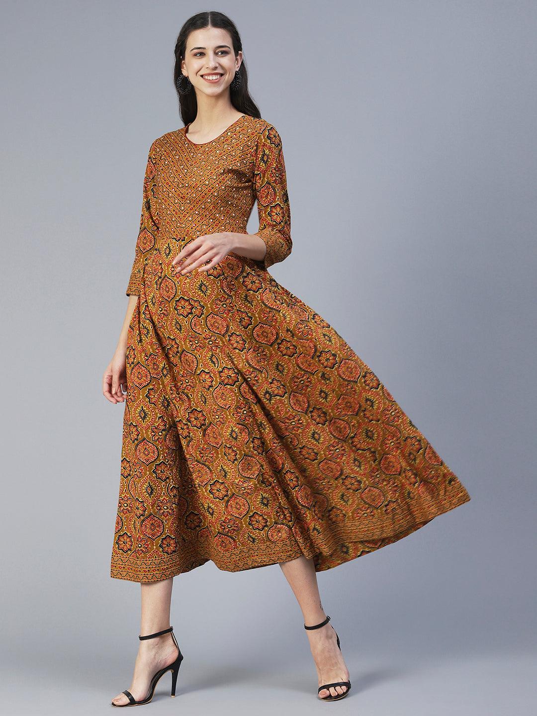 Ethnic Printed & Embroidered Fit & Flare Maxi Dress - Mustard - Indiakreations