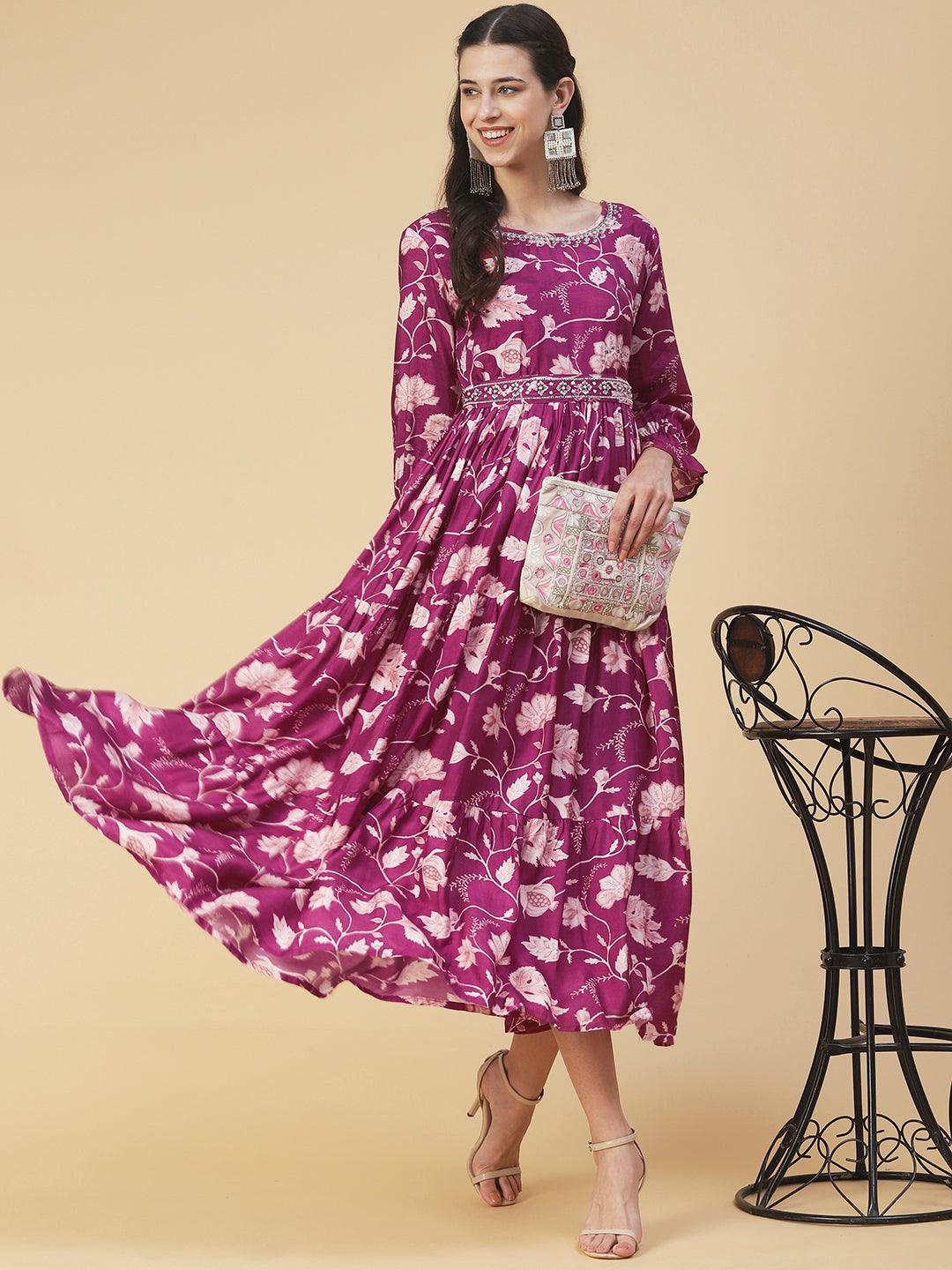 Floral Printed & Hand Embroidered Fit & Flare Maxi Dress - Purple - Indiakreations