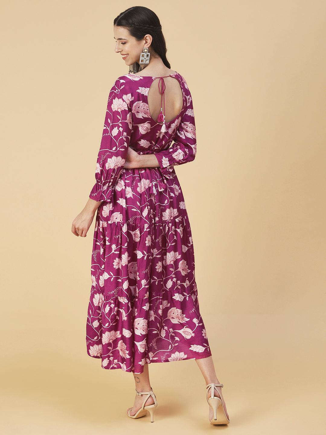 Floral Printed & Hand Embroidered Fit & Flare Maxi Dress - Purple - Indiakreations