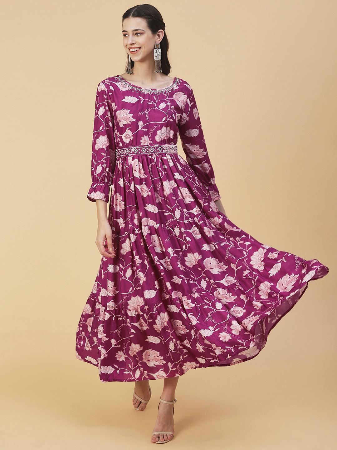 Floral Printed & Hand Embroidered Fit & Flare Maxi Dress - Purple - Indiakreations