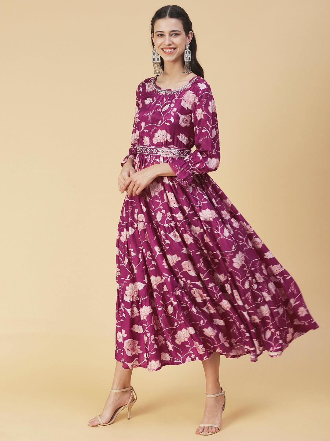 Floral Printed & Hand Embroidered Fit & Flare Maxi Dress - Purple - Indiakreations