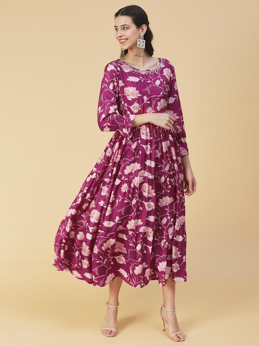 Floral Printed & Hand Embroidered Fit & Flare Maxi Dress - Purple - Indiakreations