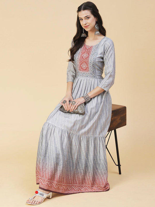 Bandhani Printed & Hand Embroidered Fit & Flare Maxi Dress - Grey - Indiakreations