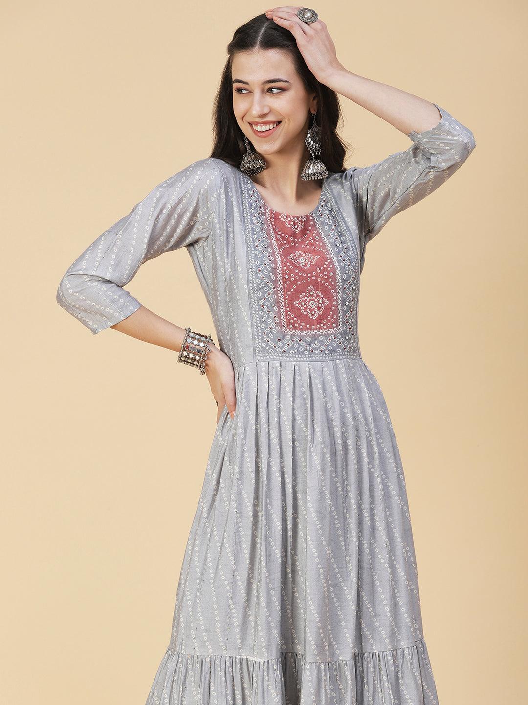 Bandhani Printed & Hand Embroidered Fit & Flare Maxi Dress - Grey - Indiakreations