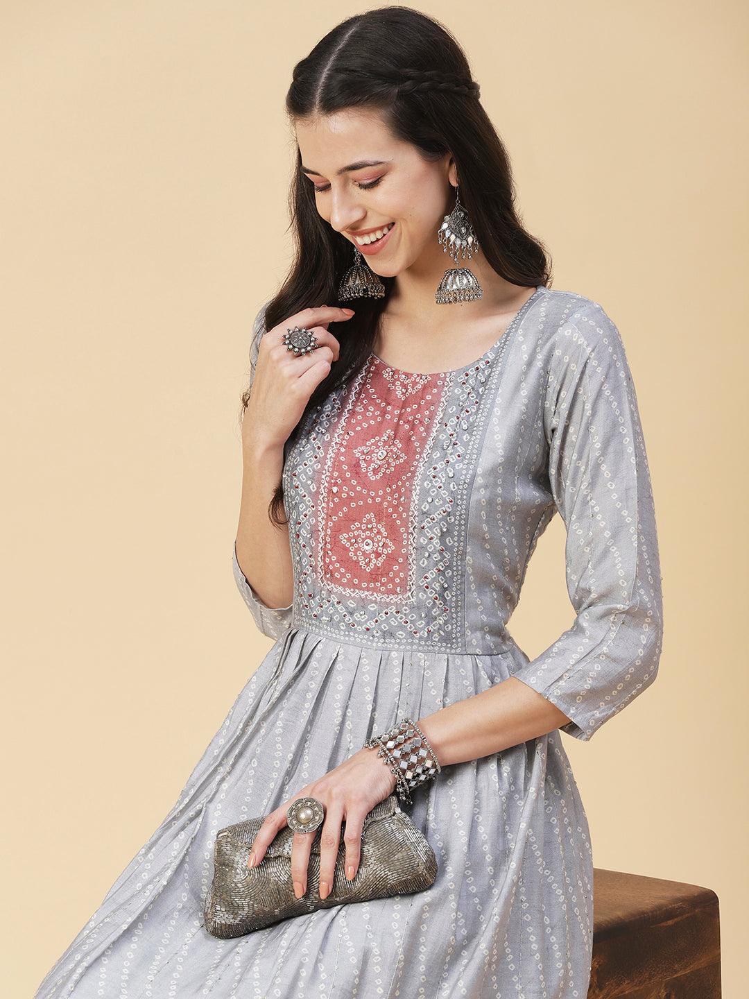 Bandhani Printed & Hand Embroidered Fit & Flare Maxi Dress - Grey - Indiakreations