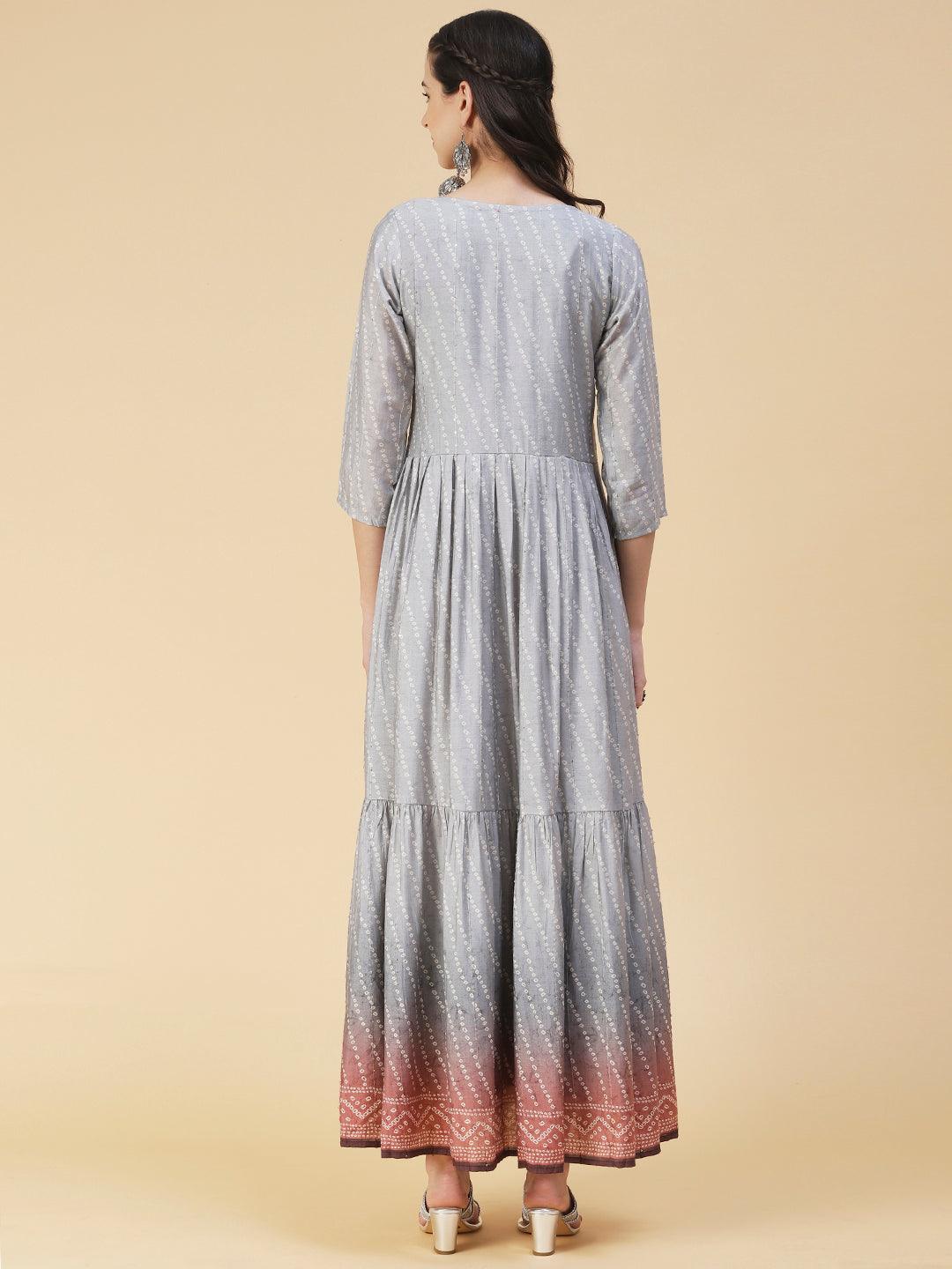 Bandhani Printed & Hand Embroidered Fit & Flare Maxi Dress - Grey - Indiakreations