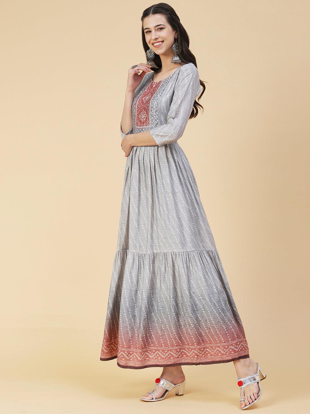 Bandhani Printed & Hand Embroidered Fit & Flare Maxi Dress - Grey - Indiakreations