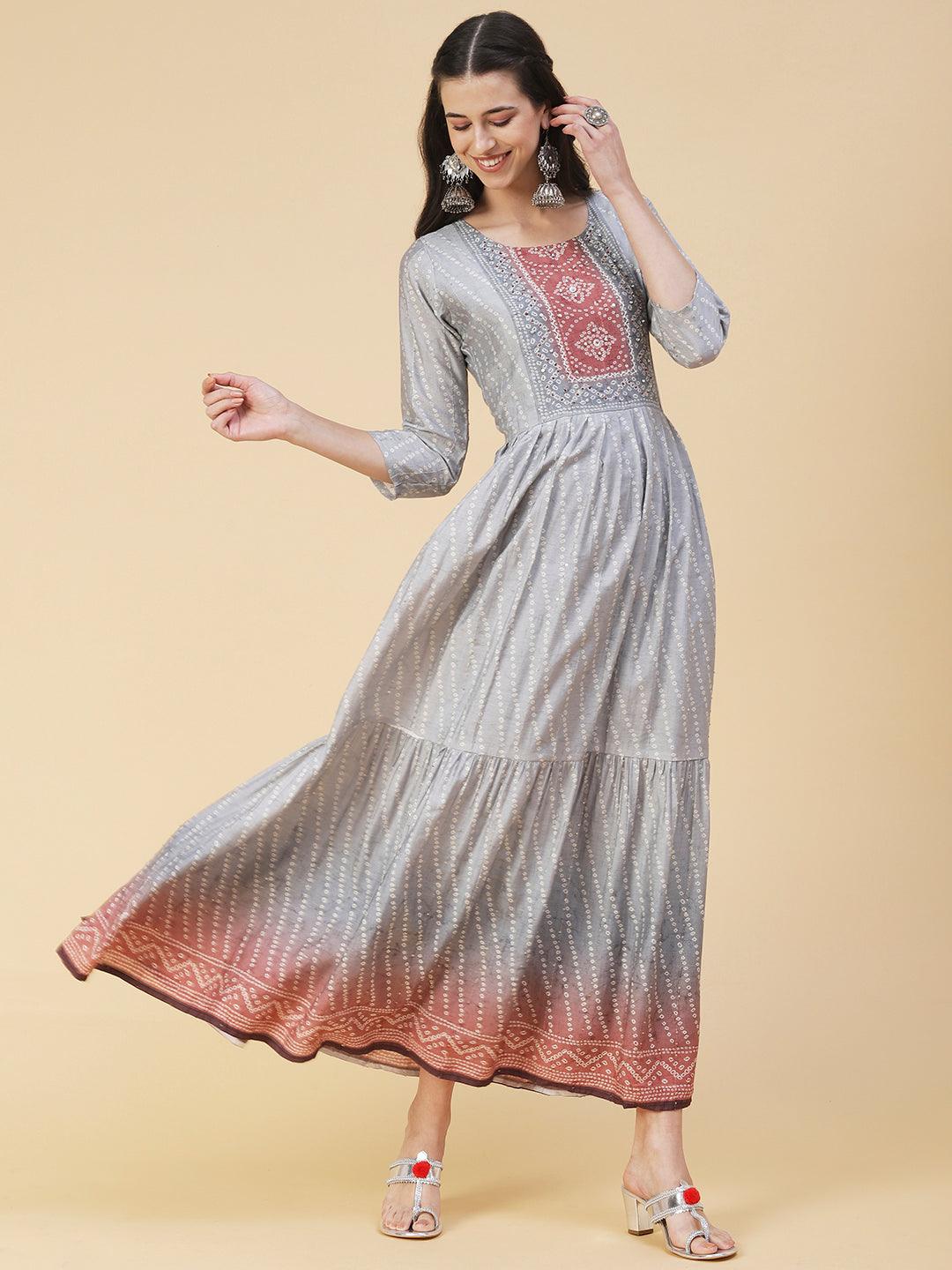 Bandhani Printed & Hand Embroidered Fit & Flare Maxi Dress - Grey - Indiakreations