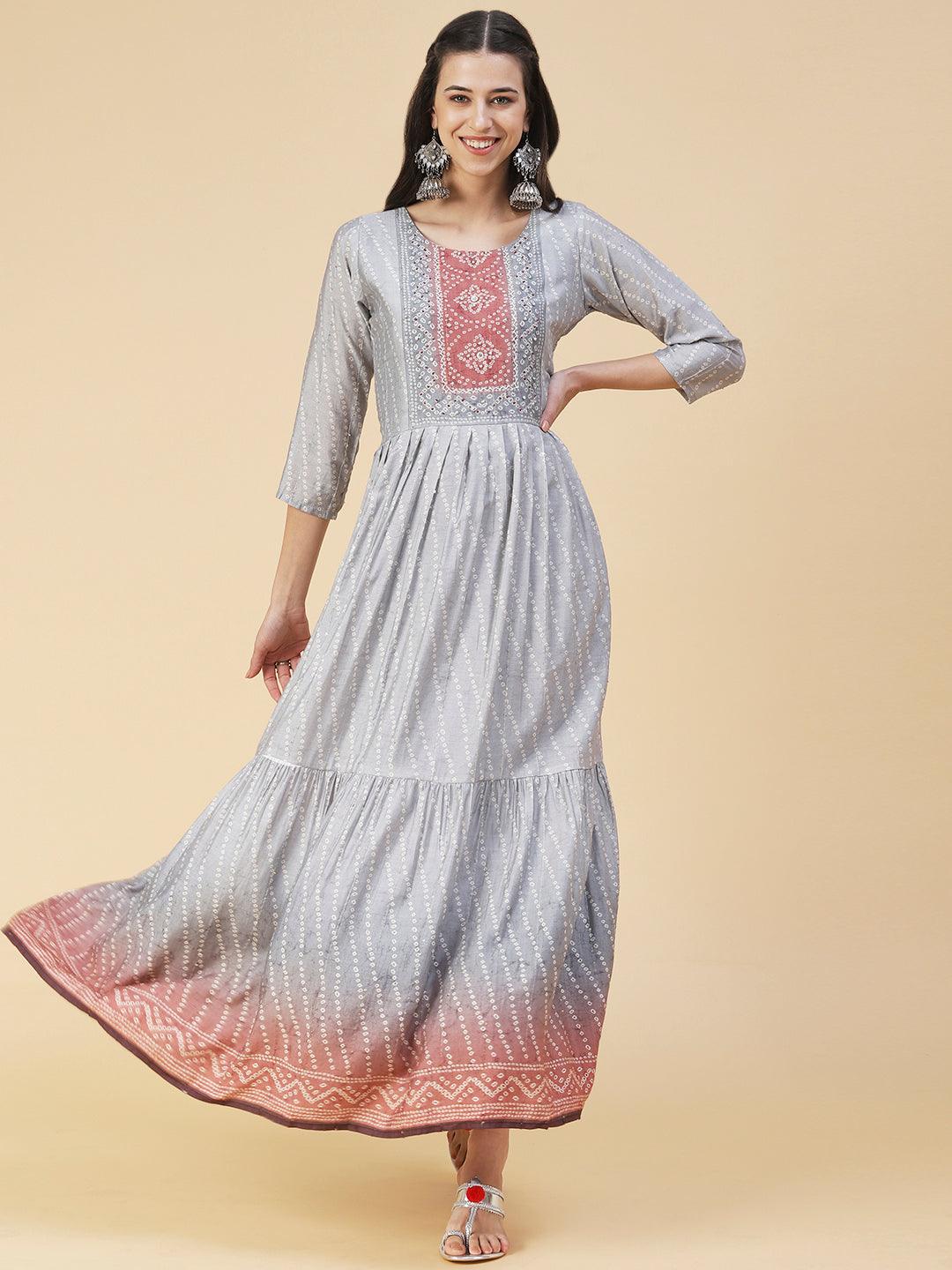 Bandhani Printed & Hand Embroidered Fit & Flare Maxi Dress - Grey - Indiakreations