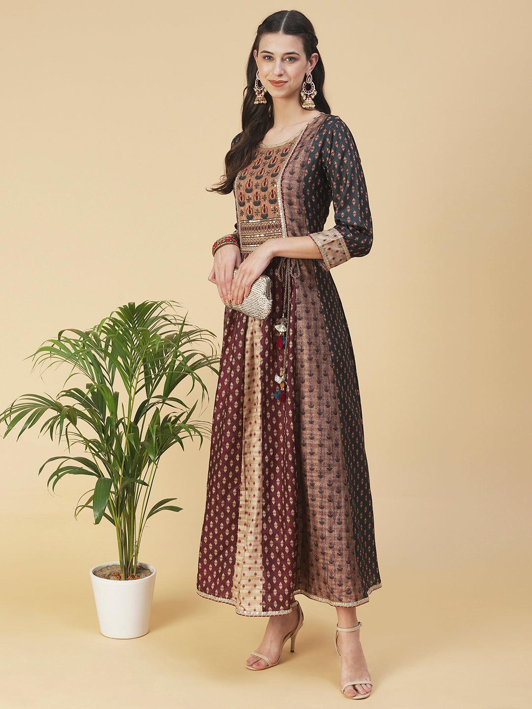 Ethnic Printed & Hand Embroidered Anarkali Maxi Dress - Multi - Indiakreations