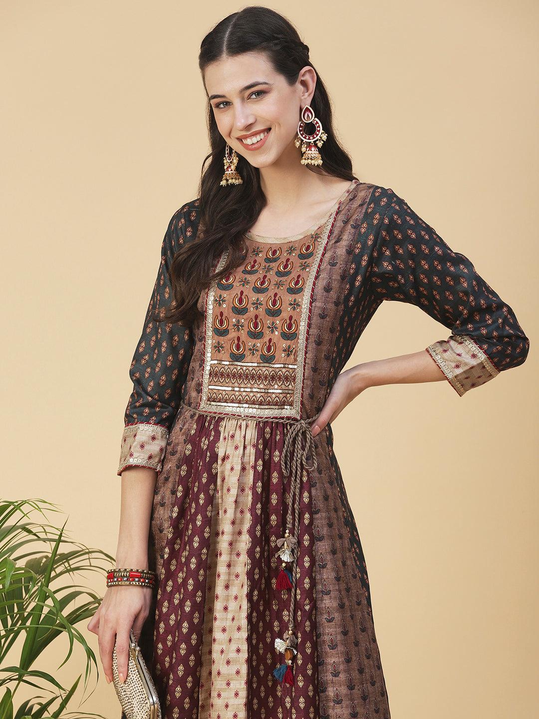 Ethnic Printed & Hand Embroidered Anarkali Maxi Dress - Multi - Indiakreations