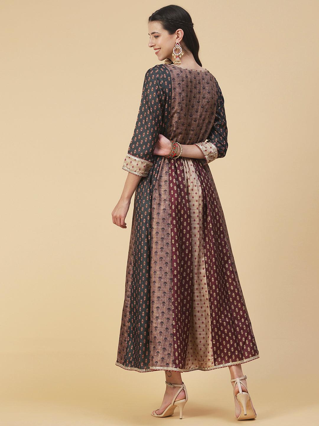 Ethnic Printed & Hand Embroidered Anarkali Maxi Dress - Multi - Indiakreations