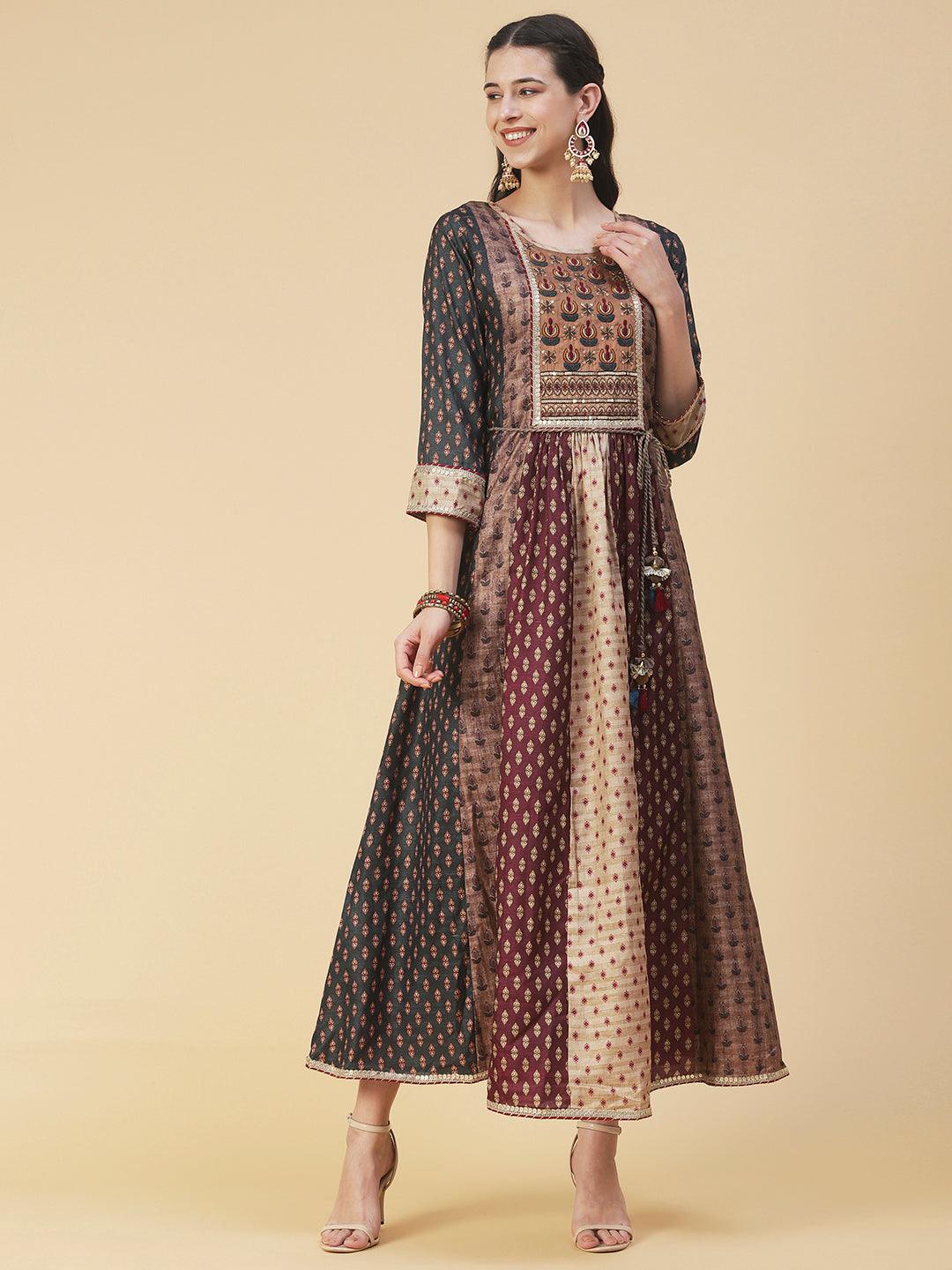 Ethnic Printed & Hand Embroidered Anarkali Maxi Dress - Multi - Indiakreations