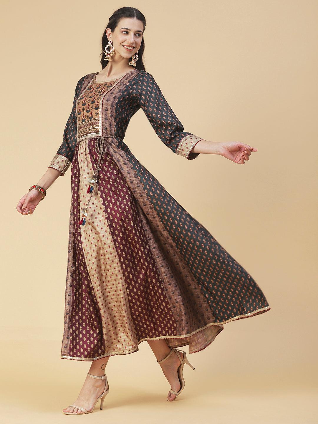 Ethnic Printed & Hand Embroidered Anarkali Maxi Dress - Multi - Indiakreations