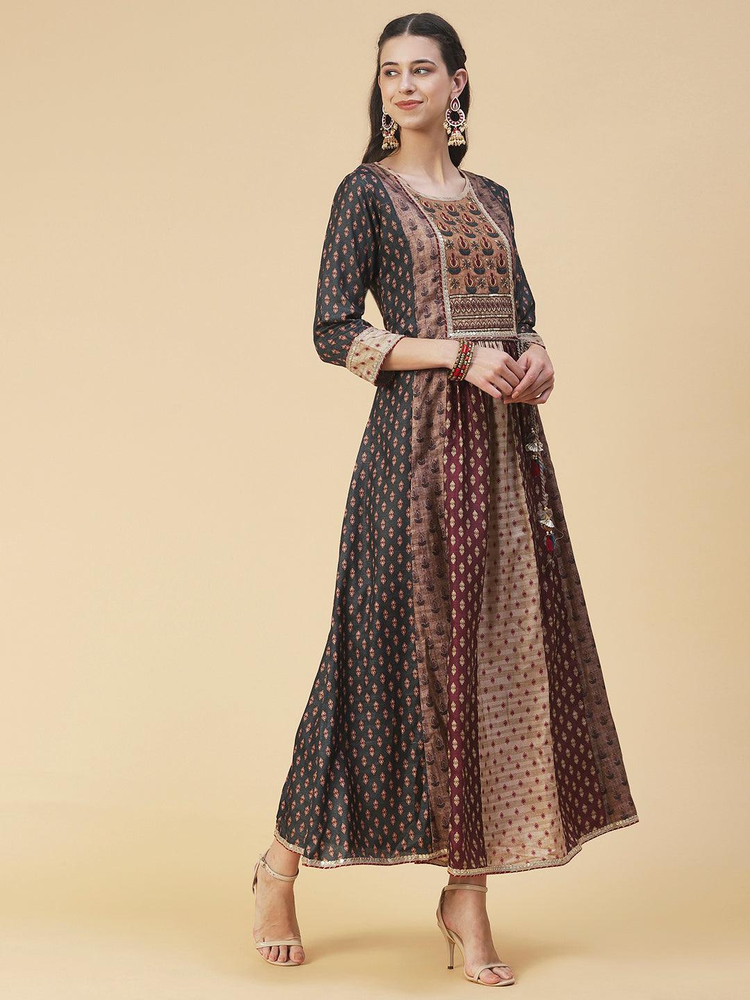 Ethnic Printed & Hand Embroidered Anarkali Maxi Dress - Multi - Indiakreations