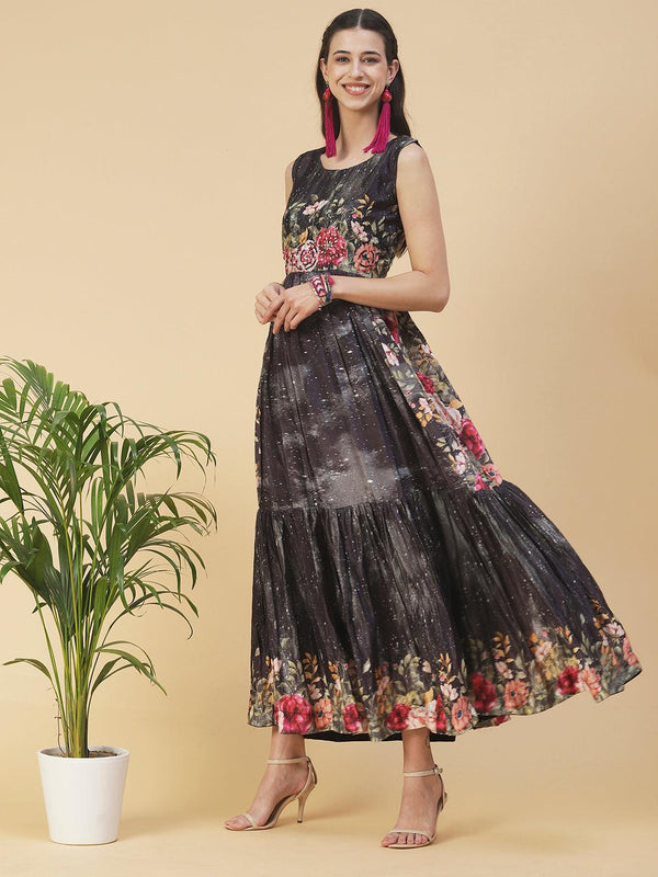 Floral Printed & Hand Embroidered Flared Maxi Dress - Black - Indiakreations