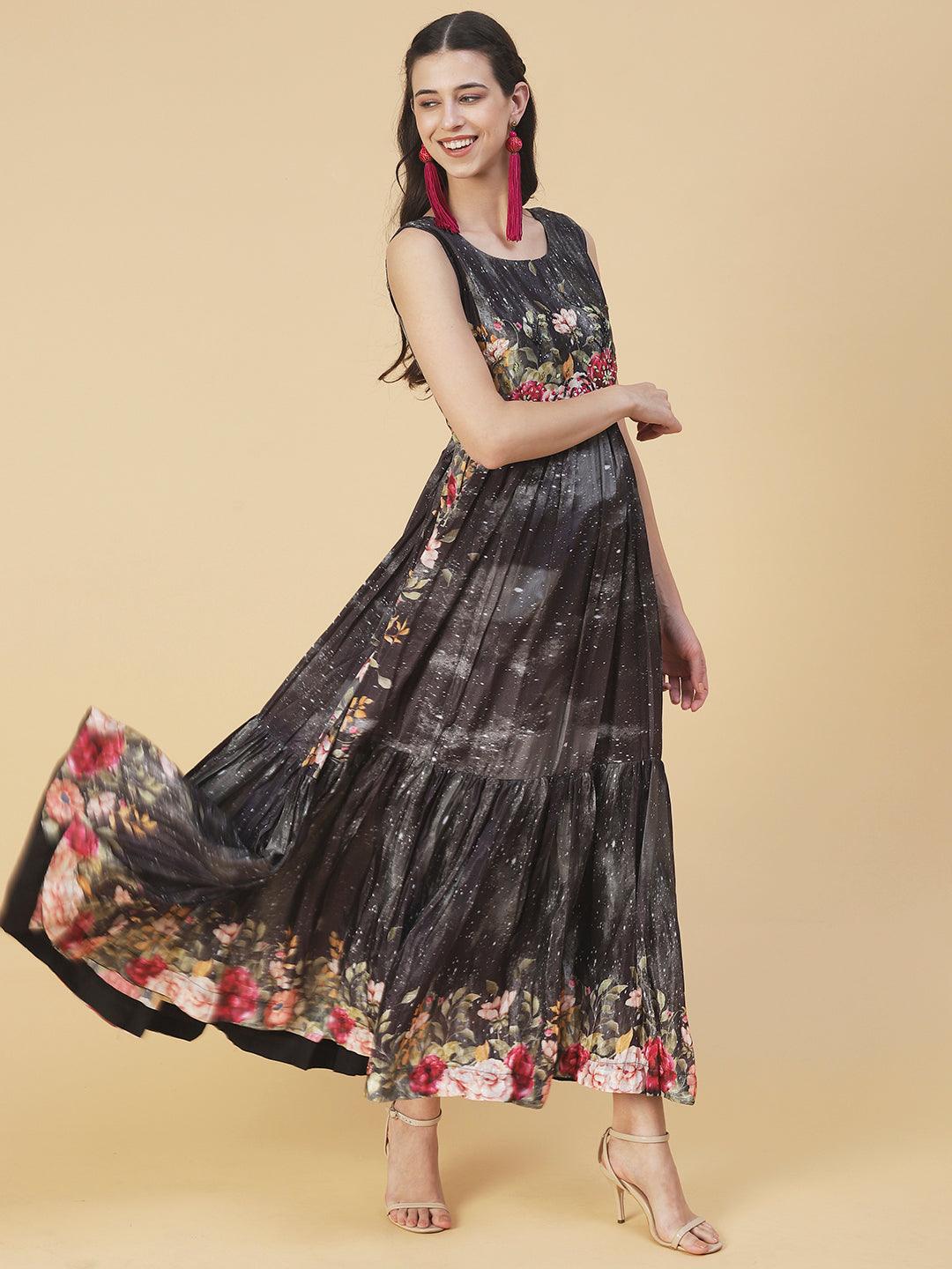 Floral Printed & Hand Embroidered Flared Maxi Dress - Black - Indiakreations