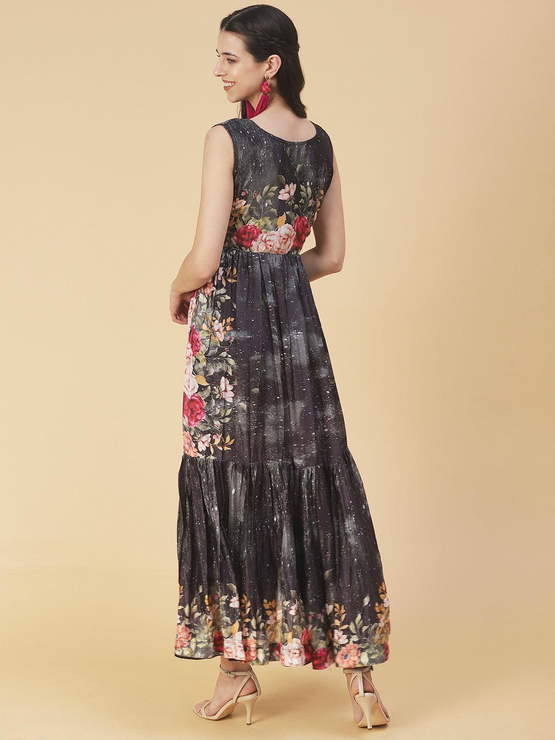 Floral Printed & Hand Embroidered Flared Maxi Dress - Black - Indiakreations