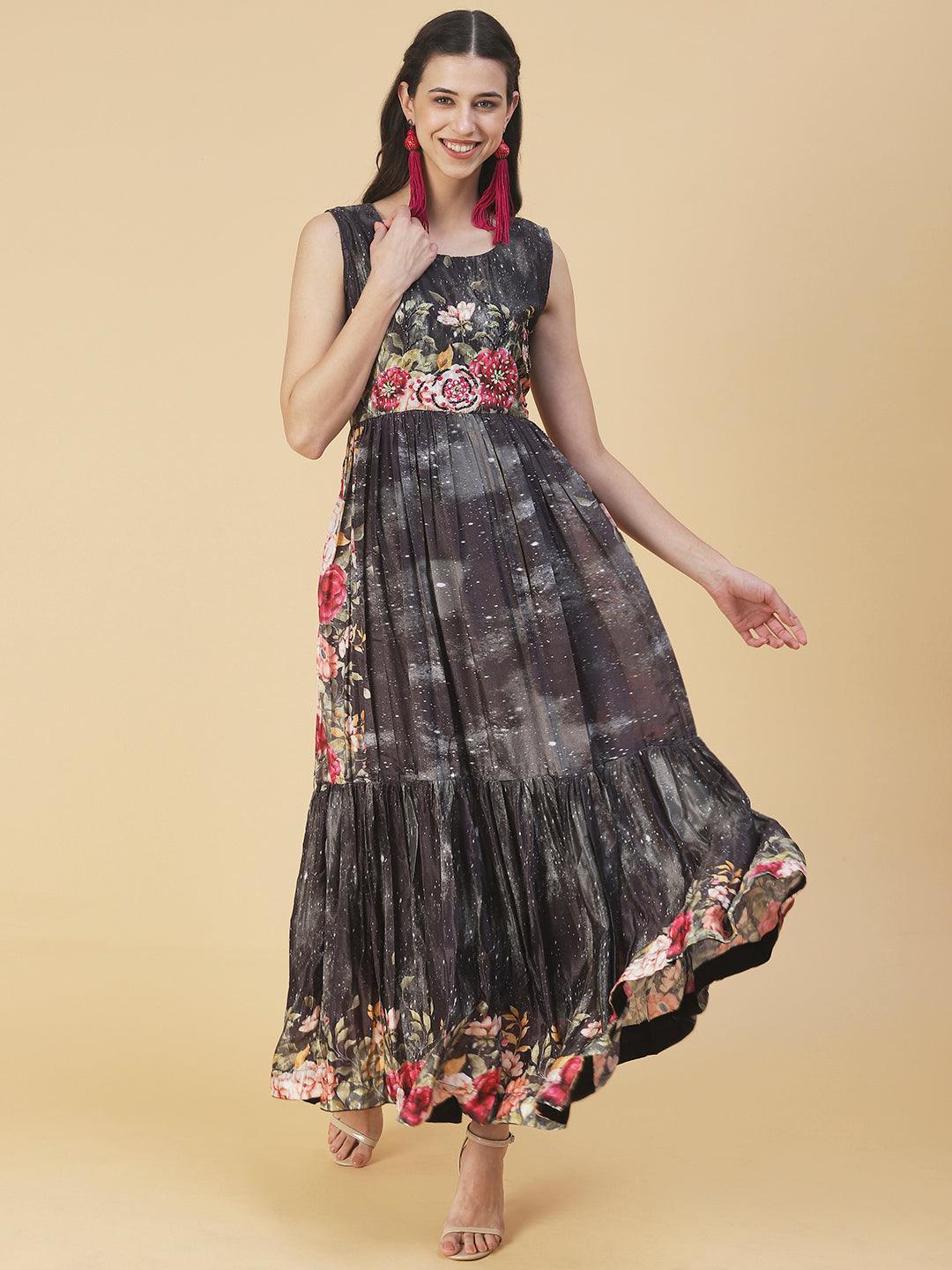 Floral Printed & Hand Embroidered Flared Maxi Dress - Black - Indiakreations