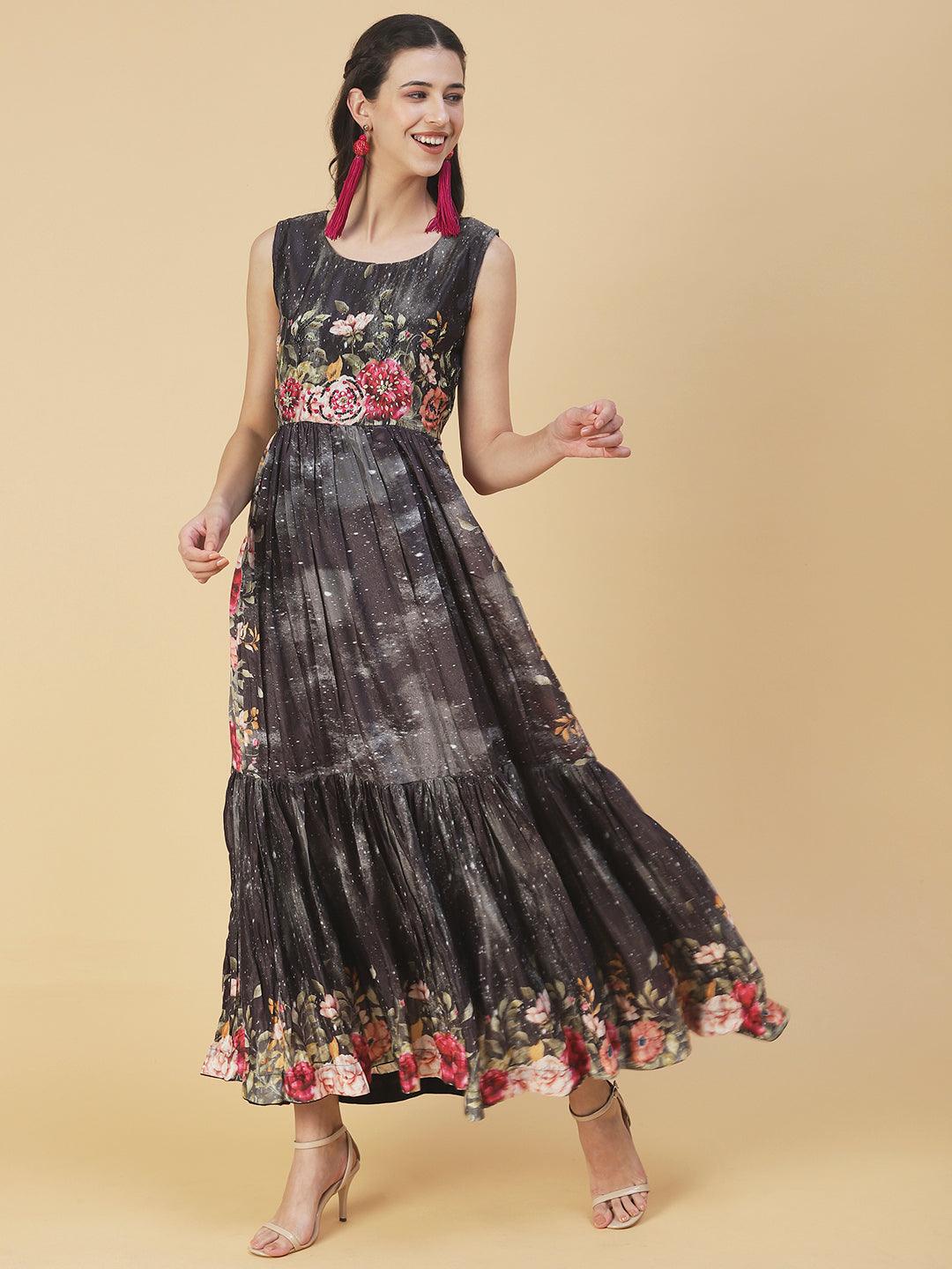 Floral Printed & Hand Embroidered Flared Maxi Dress - Black - Indiakreations