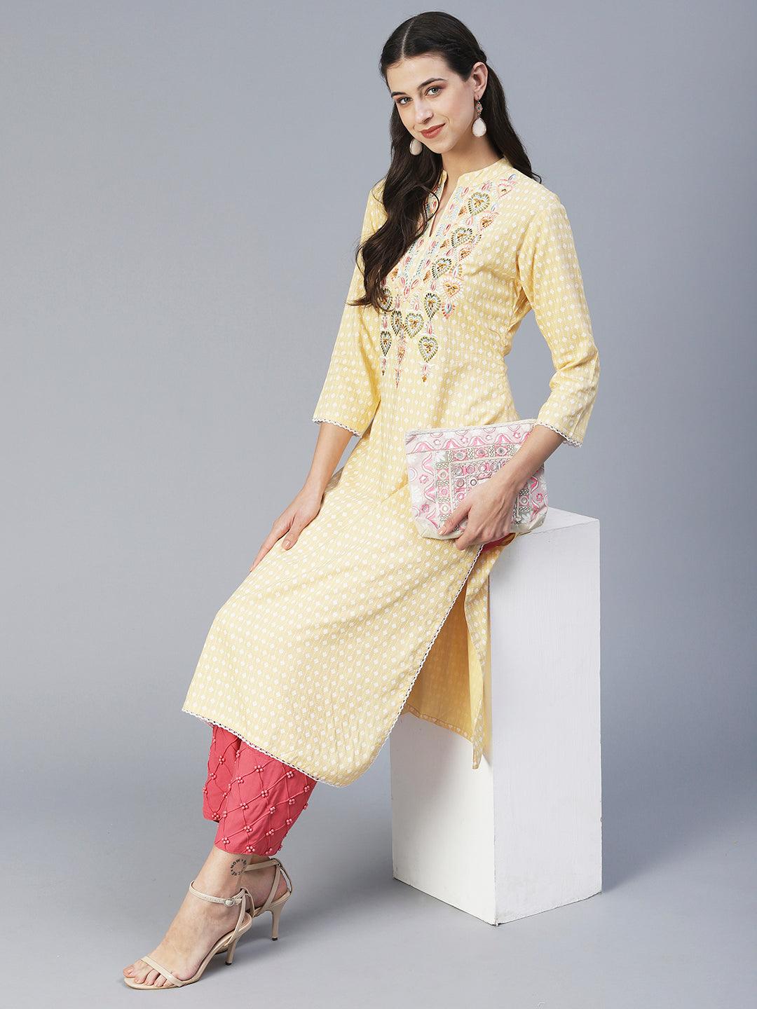 Ethnic Printed & Embroidered Straight Fit Kurta - Yellow - Indiakreations