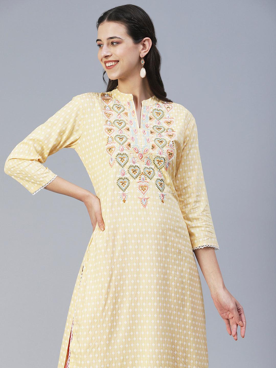 Ethnic Printed & Embroidered Straight Fit Kurta - Yellow - Indiakreations