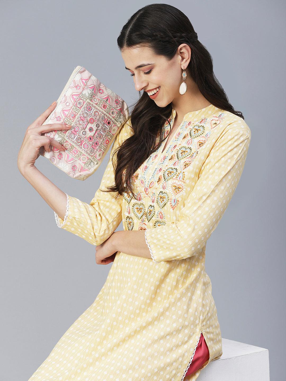 Ethnic Printed & Embroidered Straight Fit Kurta - Yellow - Indiakreations