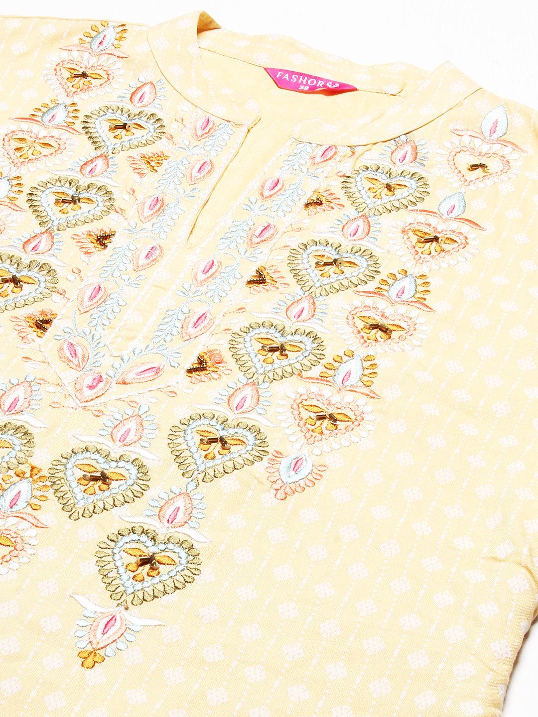 Ethnic Printed & Embroidered Straight Fit Kurta - Yellow - Indiakreations