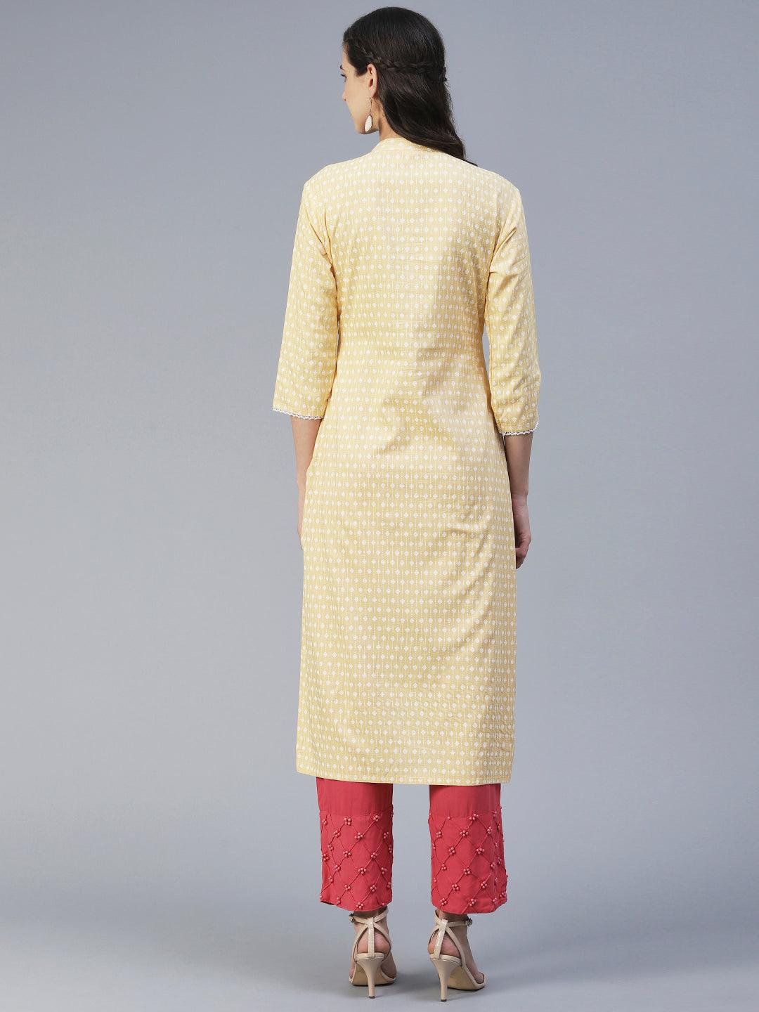 Ethnic Printed & Embroidered Straight Fit Kurta - Yellow - Indiakreations