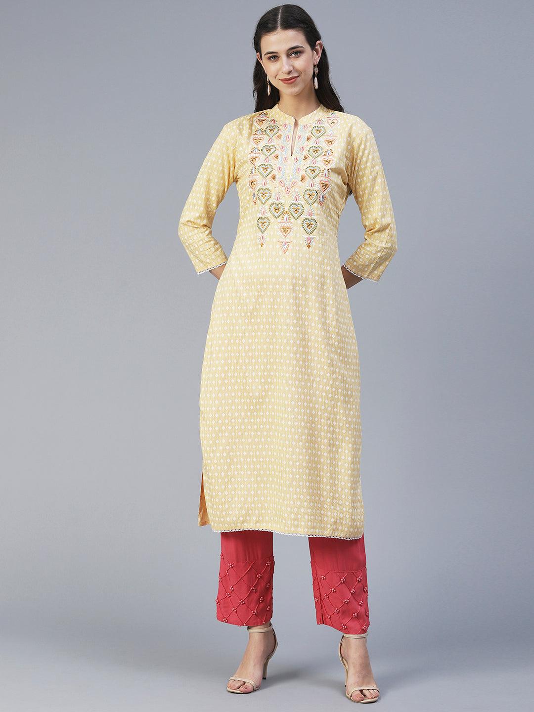 Ethnic Printed & Embroidered Straight Fit Kurta - Yellow - Indiakreations