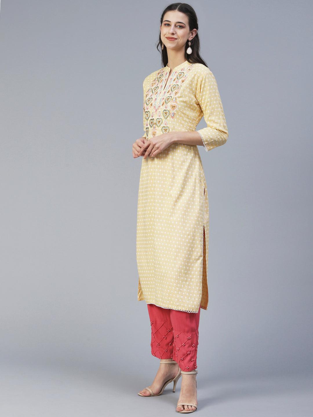 Ethnic Printed & Embroidered Straight Fit Kurta - Yellow - Indiakreations