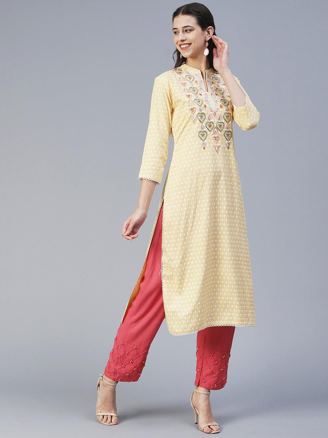 Ethnic Printed & Embroidered Straight Fit Kurta - Yellow - Indiakreations