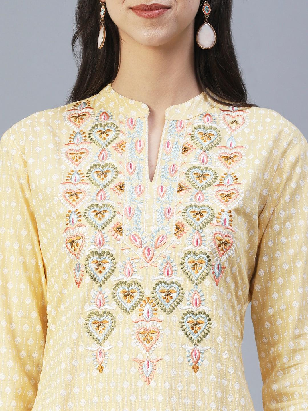 Ethnic Printed & Embroidered Straight Fit Kurta - Yellow - Indiakreations