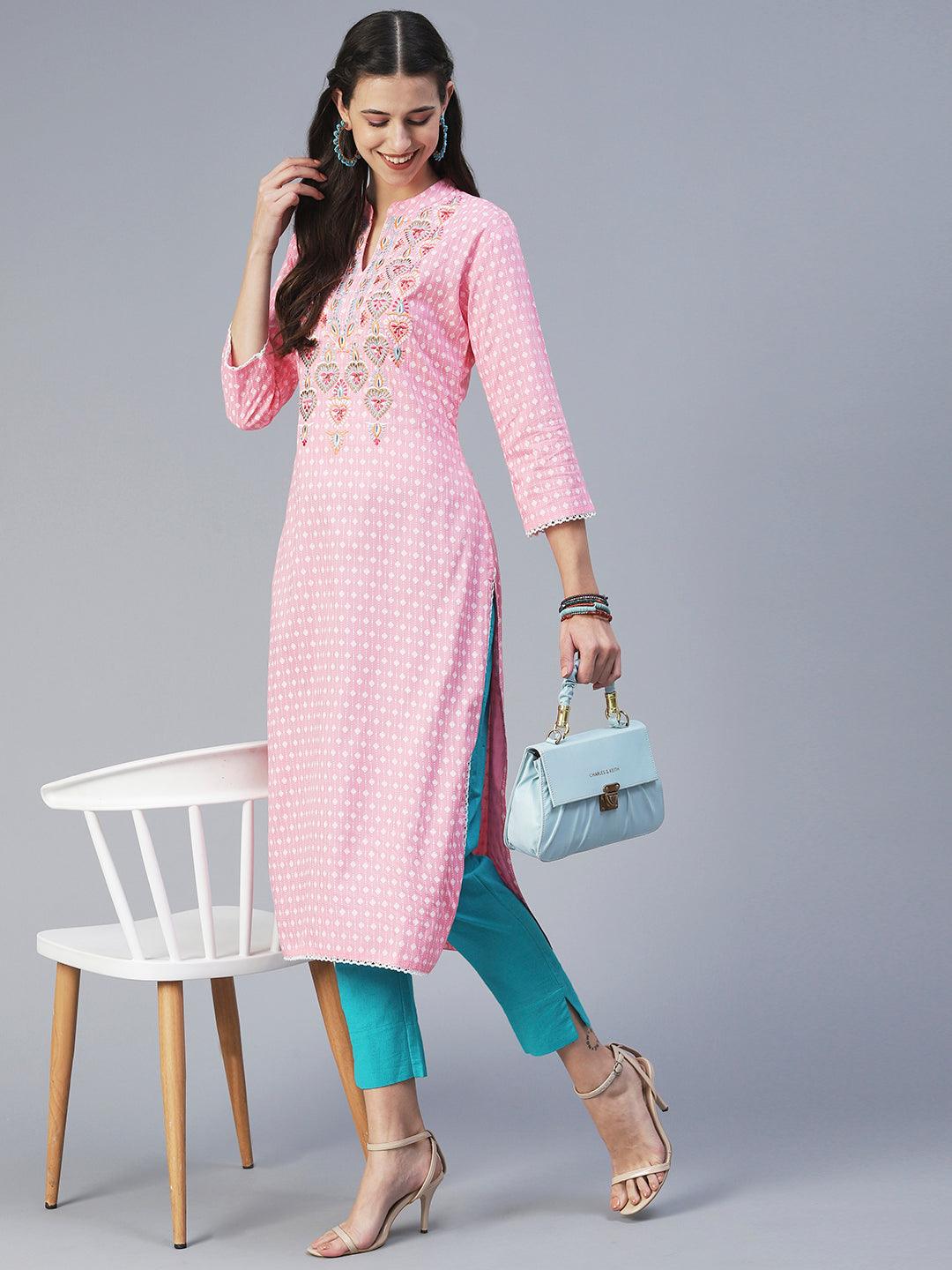 Ethnic Printed & Embroidered Straight Fit Kurta - Pink - Indiakreations